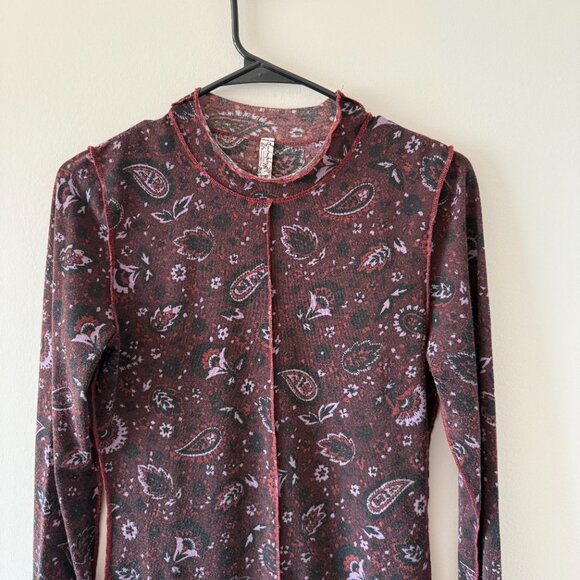 Free People Intimates Burgundy Paisley Mock Neck Long Sleeve Layering Top - Picture 3 of 4